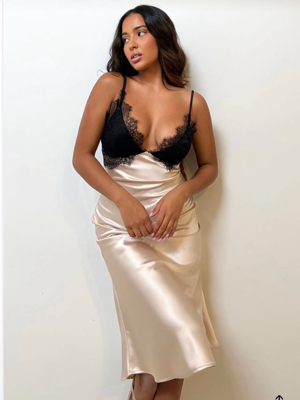 Lace Satin Slip Midi Dress - Black & Champagne